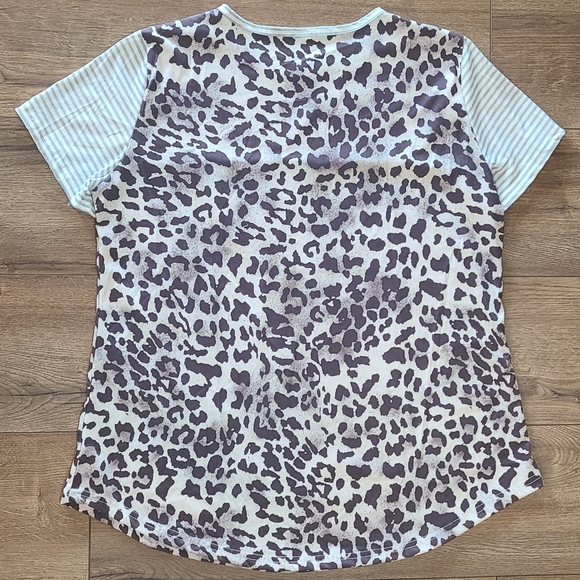 NWT'S- CACTUS MOON -Light Blue Stripe w/ Leopard Print Tunic Tee, Lace Pocket- S - Picture 2 of 3